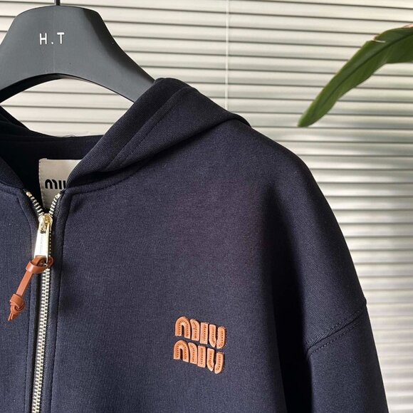 MIU MIU SS24 Logo Print Zip-Up Hooded Long-Sleeve Sweatshirt for Women - Picture 4 of 5